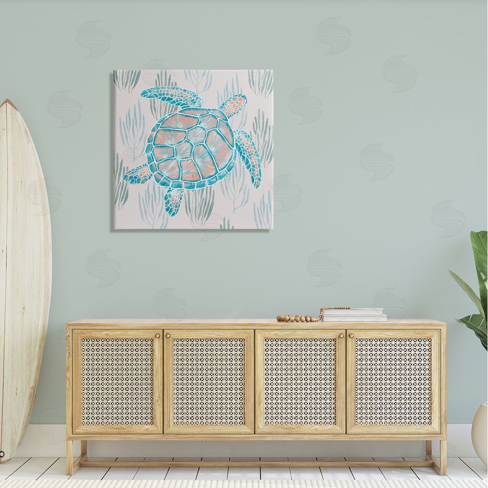 Ziwei Li Sea Turtle Among Ocean Grasses Blue Orange Detail Canvas Wall Art in Room