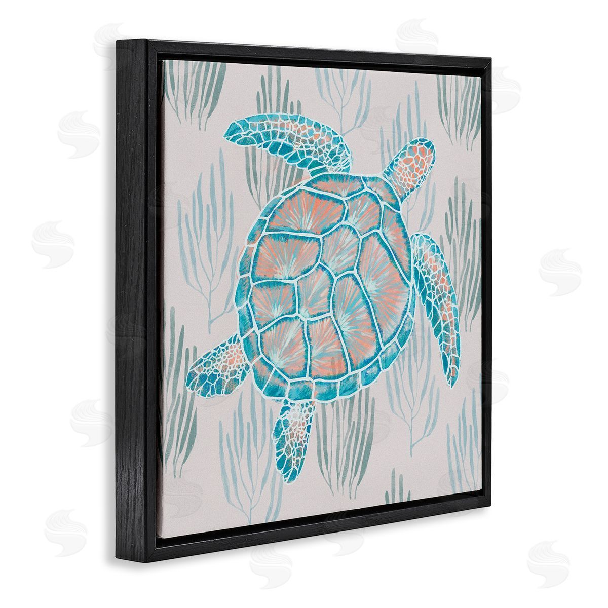 Ziwei Li Sea Turtle Among Ocean Grasses Blue Orange Detail Black Floating Frame Canvas Wall Art Print