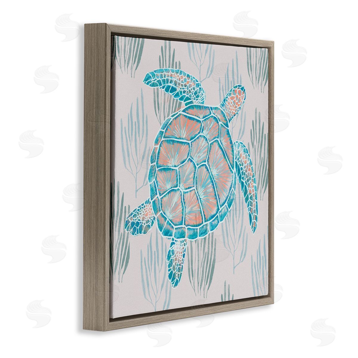 Ziwei Li Sea Turtle Among Ocean Grasses Blue Orange Detail Brown Floating Frame Canvas Wall Art Print