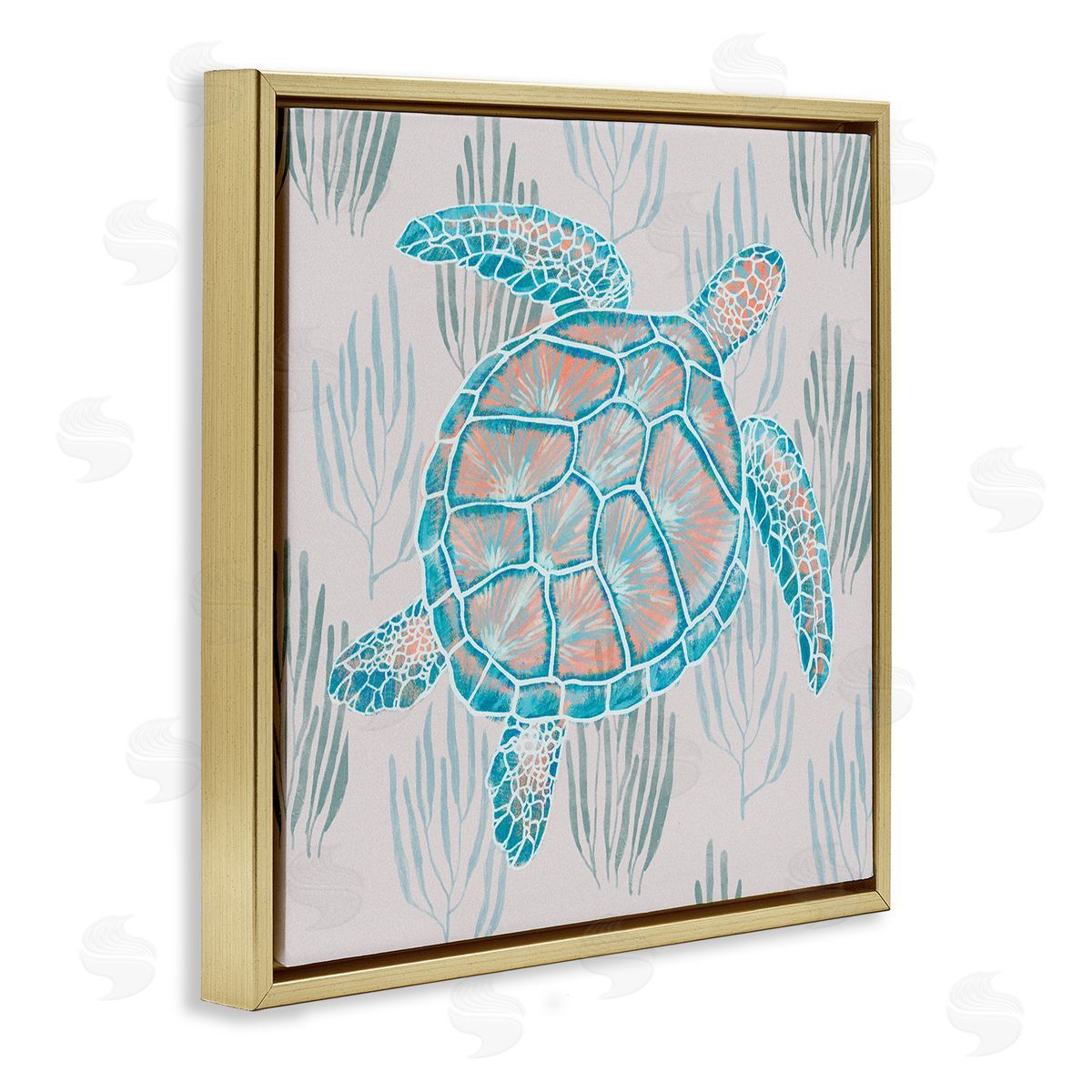 Ziwei Li Sea Turtle Among Ocean Grasses Blue Orange Detail Gold Floating Frame Canvas Wall Art Print