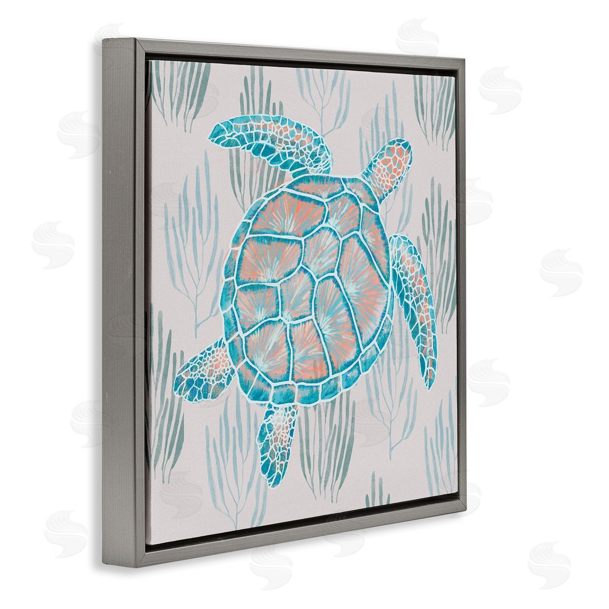 Ziwei Li Sea Turtle Among Ocean Grasses Blue Orange Detail Gray Floating Frame Canvas Wall Art Print