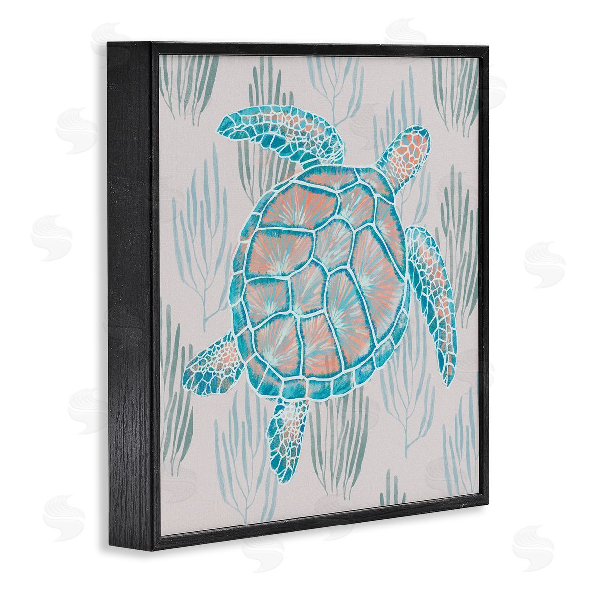 Ziwei Li Sea Turtle Among Ocean Grasses Blue Orange Detail Black Framed Glicee Wall Art Print