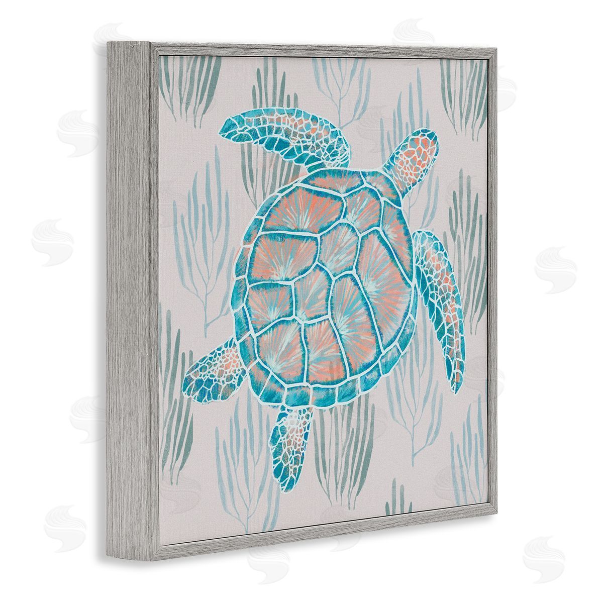 Ziwei Li Sea Turtle Among Ocean Grasses Blue Orange Detail Gray Framed Glicee Wall Art Print