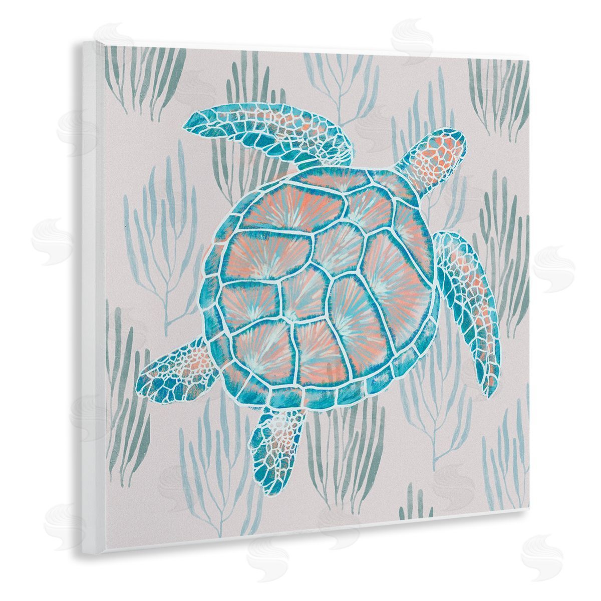 Ziwei Li Sea Turtle Among Ocean Grasses Blue Orange Detail Wooden Wall Plaque Art Print