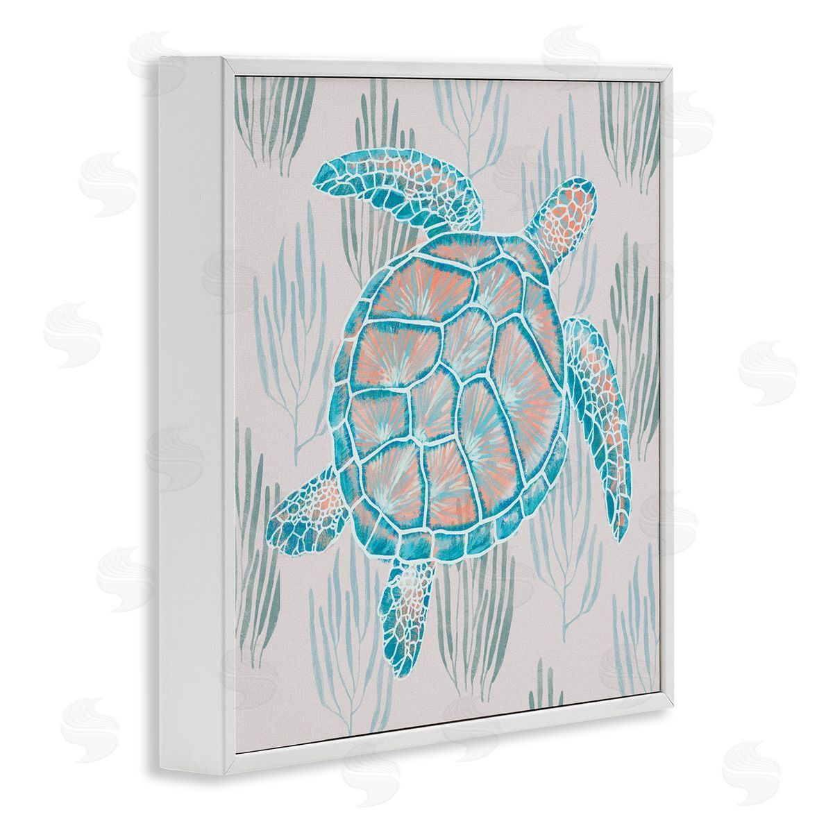 Ziwei Li Sea Turtle Among Ocean Grasses Blue Orange Detail White Framed Glicee Wall Art Print