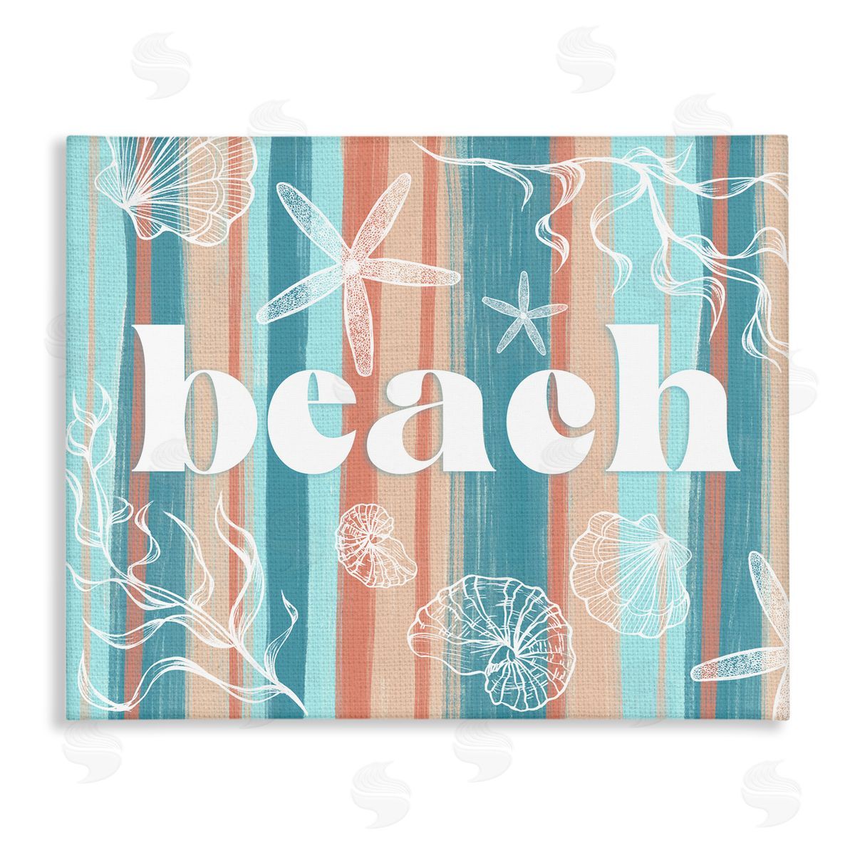 Ziwei Li Striped Beach Sign  Sea Life Seaweed Coral  Stretched Canvas Wall Art Print