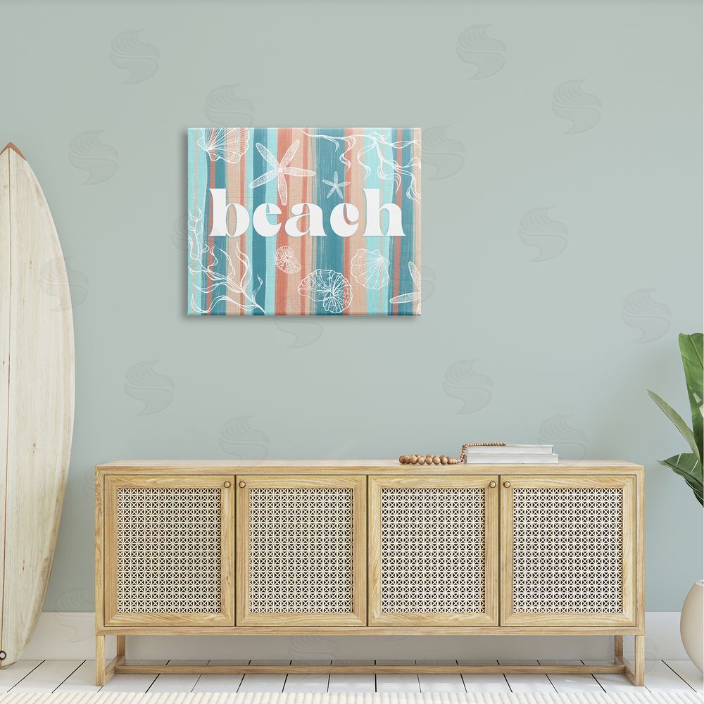 Ziwei Li Striped Beach Sign  Sea Life Seaweed Coral  Canvas Wall Art Print in Room