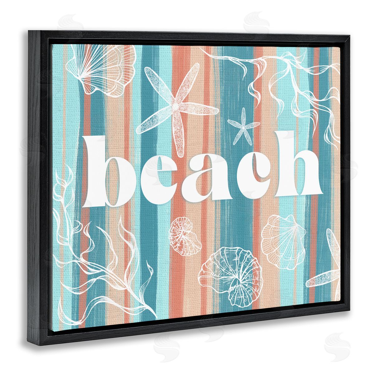 Ziwei Li Striped Beach Sign  Sea Life Seaweed Coral  Black Floating Frame Canvas Wall Art Print