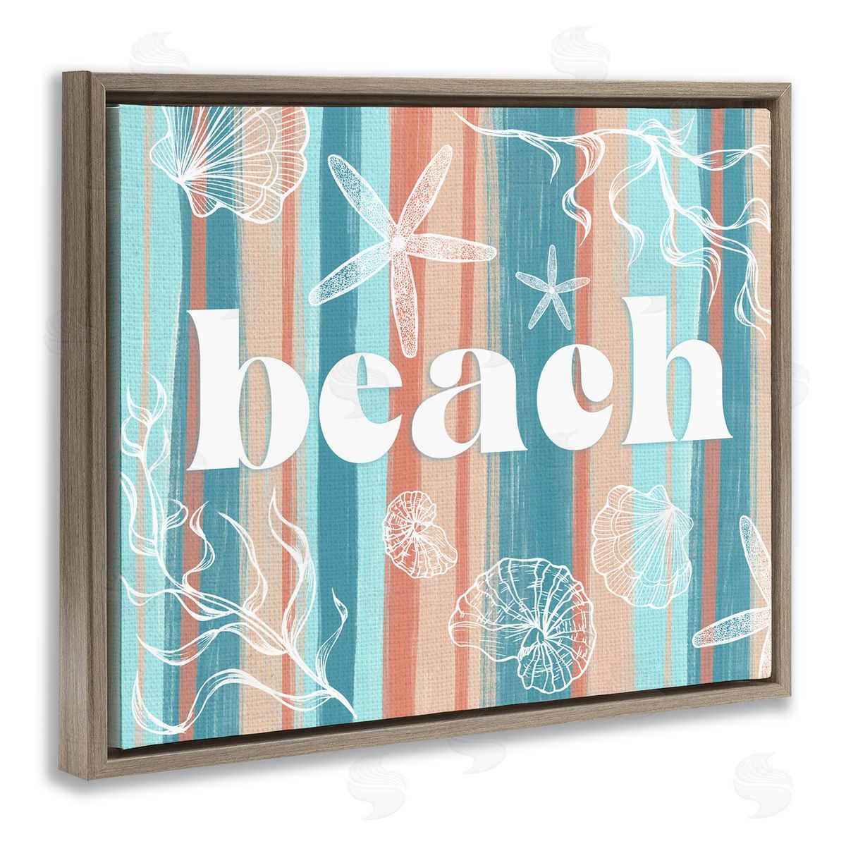 Ziwei Li Striped Beach Sign  Sea Life Seaweed Coral  Brown Floating Frame Canvas Wall Art Print