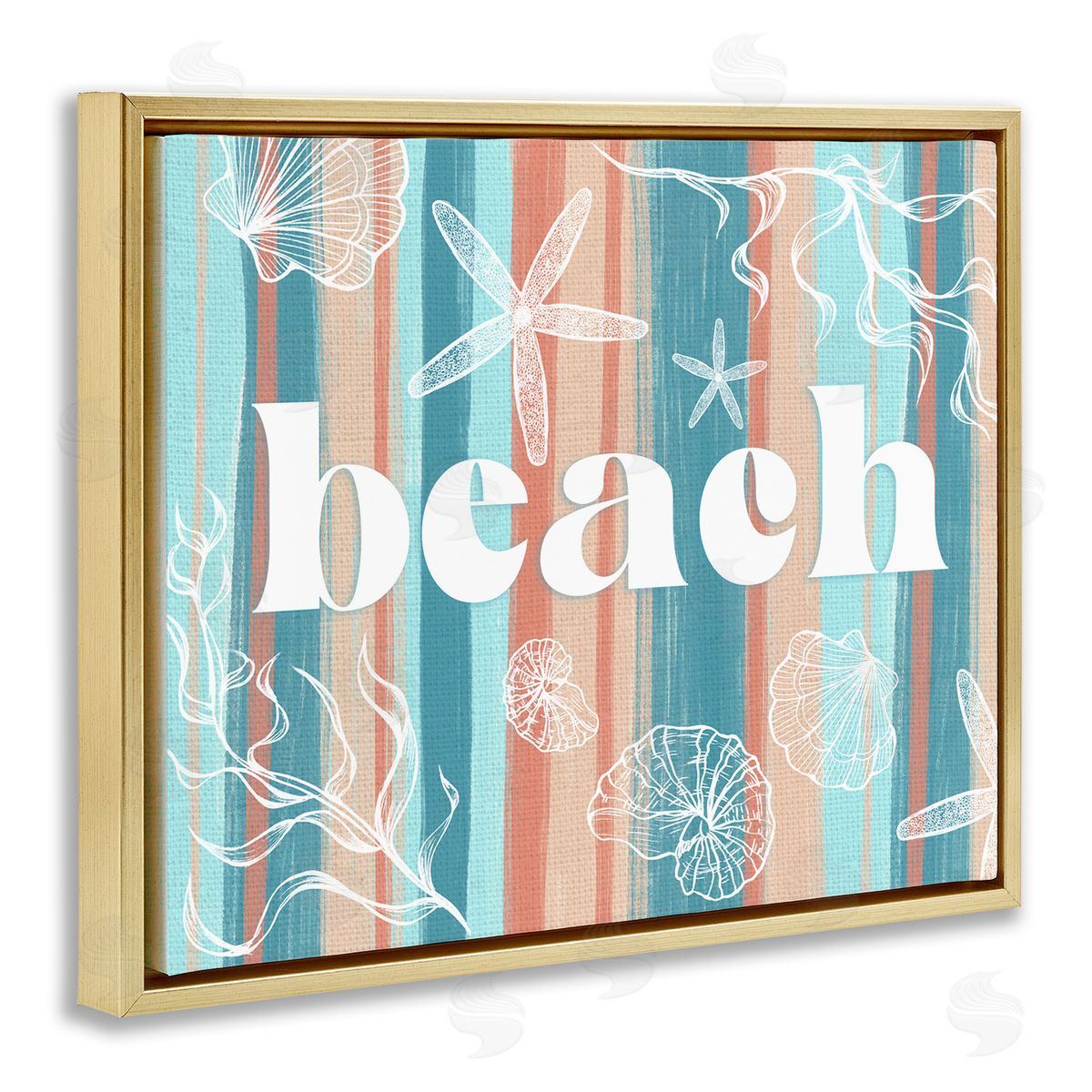 Ziwei Li Striped Beach Sign  Sea Life Seaweed Coral  Gold Floating Frame Canvas Wall Art Print