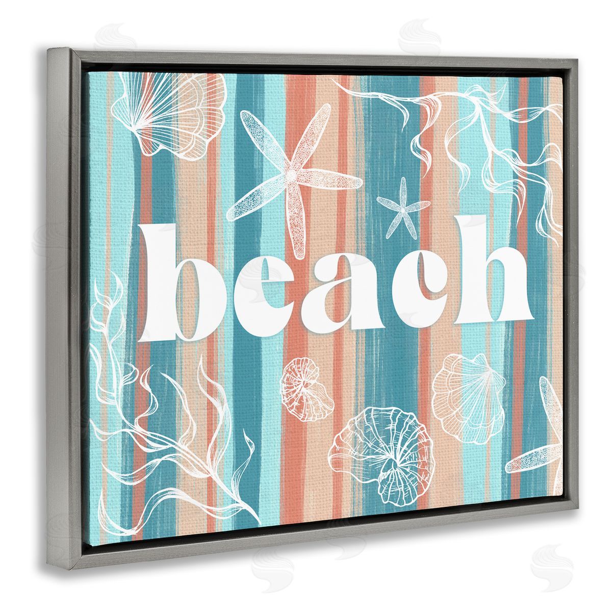 Ziwei Li Striped Beach Sign  Sea Life Seaweed Coral  Gray Floating Frame Canvas Wall Art Print