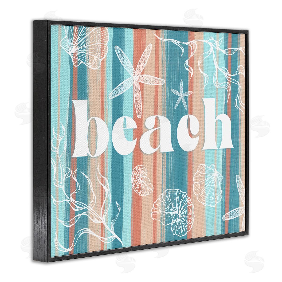 Ziwei Li Striped Beach Sign  Sea Life Seaweed Coral  Black Framed Giclee Wall Art Print