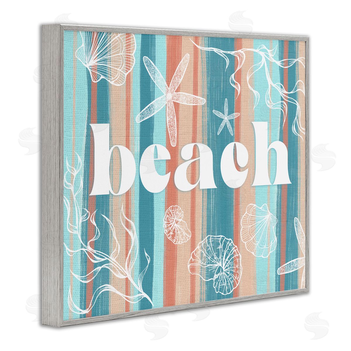 Ziwei Li Striped Beach Sign  Sea Life Seaweed Coral  Gray Framed Giclee Wall Art Print