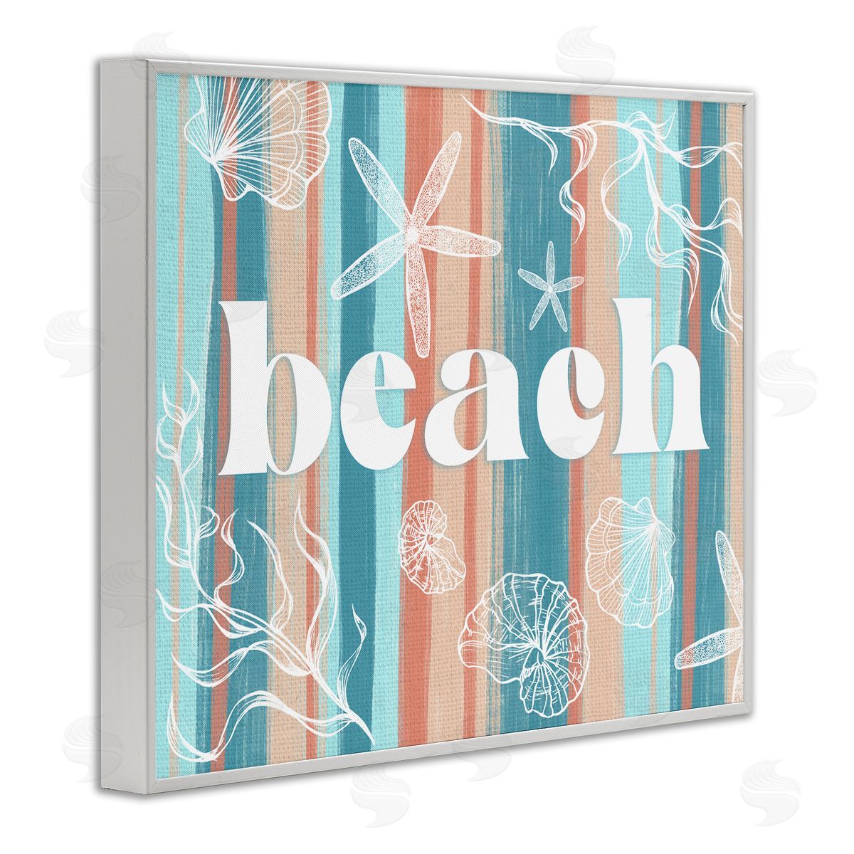Ziwei Li Striped Beach Sign  Sea Life Seaweed Coral  White Framed Giclee Wall Art Print