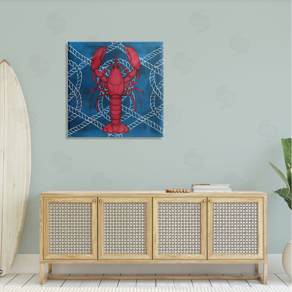 Ziwei Li Red Lobster Outline Rope Pattern Ocean Life Canvas Wall Art in Room