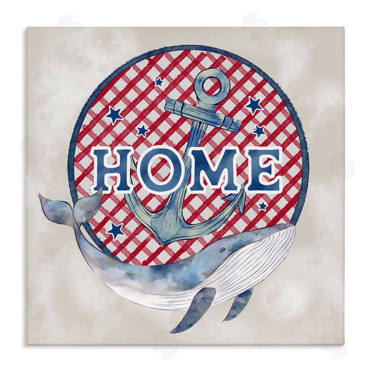 Ziwei Li Checkered Pattern Home Sign Anchor Whale Watercolor Stretched Canvas Wall Art Print