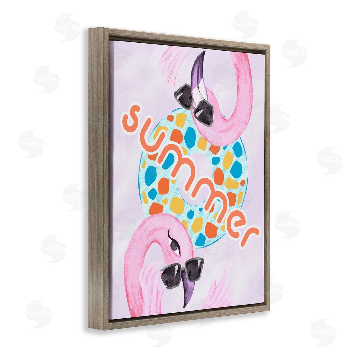 Ziwei Li Pink Summer Flamingos Pool Float Tropical Sunglasses  Brown Floating Frame Canvas Wall Art Print