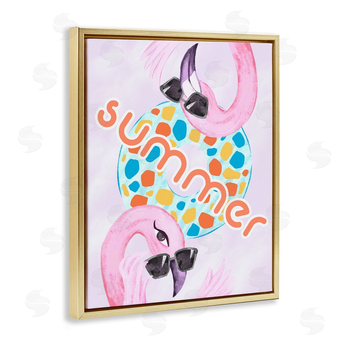Ziwei Li Pink Summer Flamingos Pool Float Tropical Sunglasses  Gold Floating Frame Canvas Wall Art Print