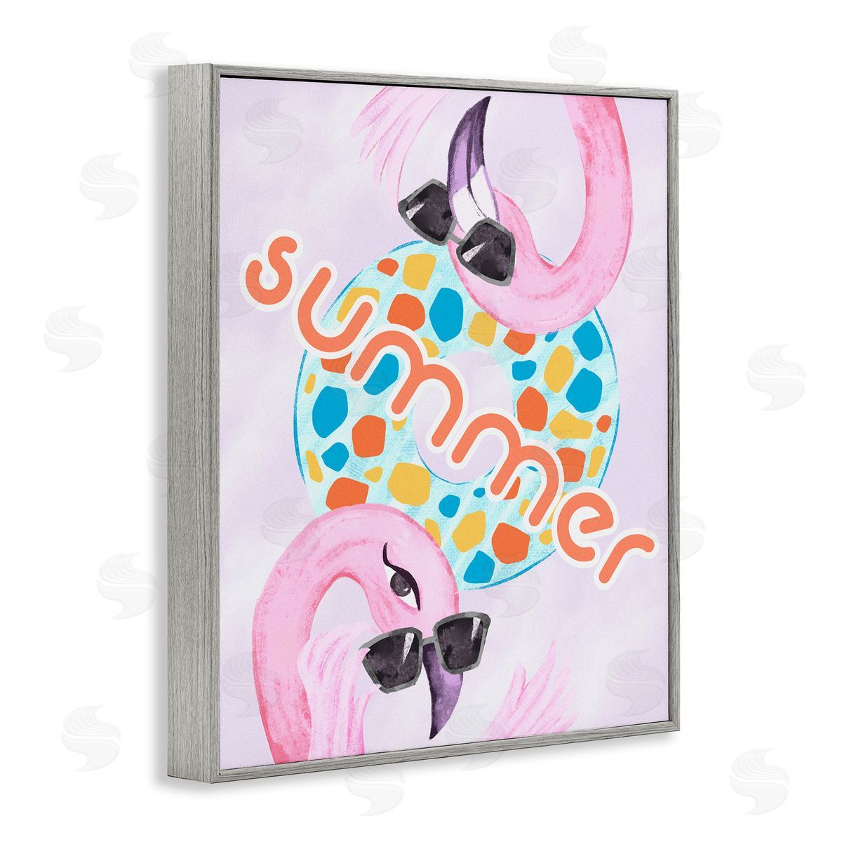 Ziwei Li Pink Summer Flamingos Pool Float Tropical Sunglasses  Gray Framed Giclee Wall Art Print