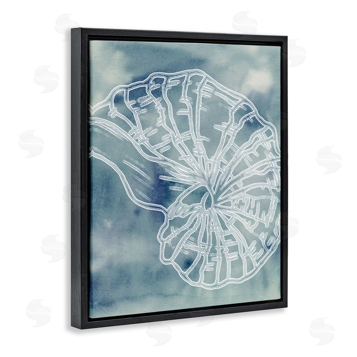 Ziwei Li Spiral Seashell Nautilus Sea Life Watercolor Pattern Black Floating Frame Canvas Wall Art Print