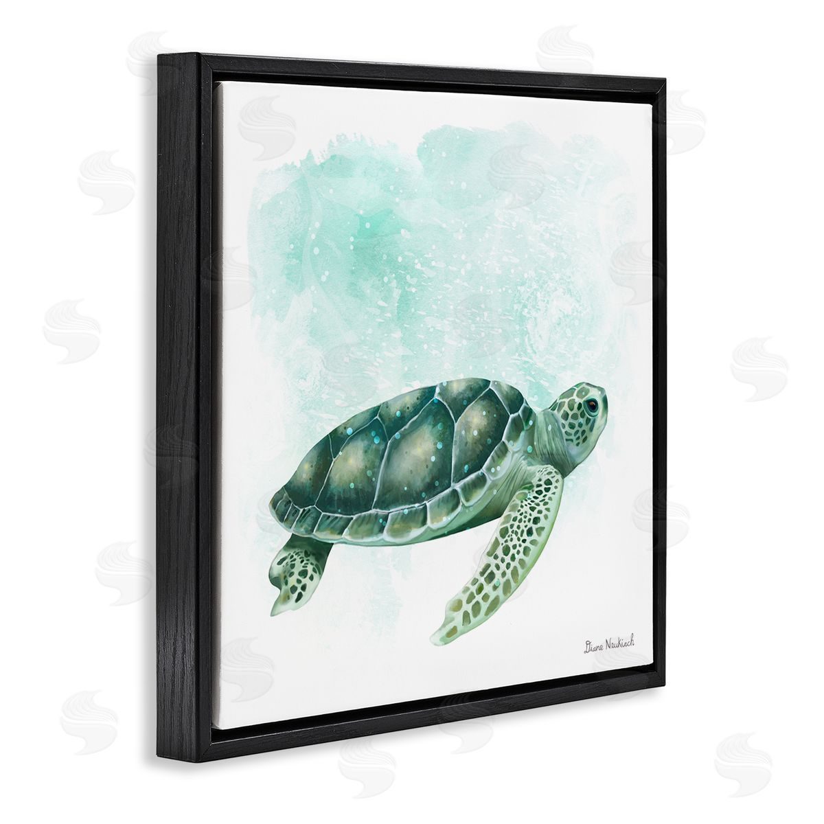 Diane Neukirch Speckled Green Sea Turtle Marine Life Painting Black Floating Frame Canvas Wall Art Print