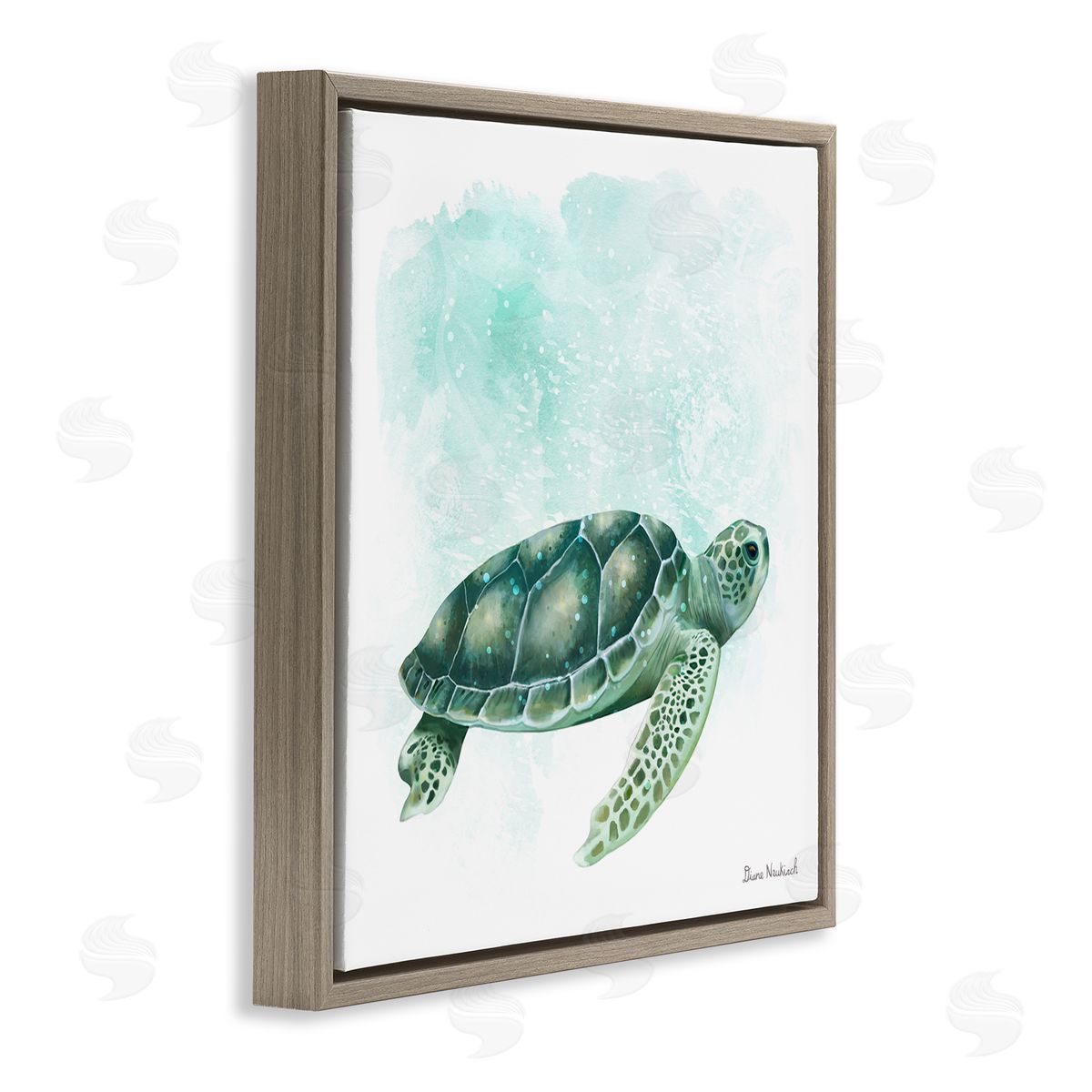 Diane Neukirch Speckled Green Sea Turtle Marine Life Painting Brown Floating Frame Canvas Wall Art Print