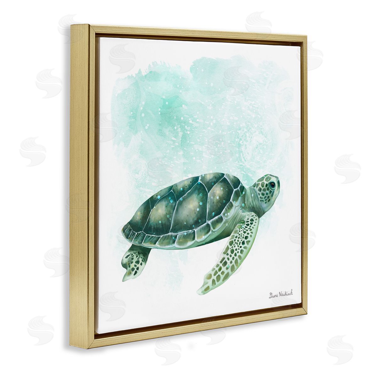 Diane Neukirch Speckled Green Sea Turtle Marine Life Painting Gold Floating Frame Canvas Wall Art Print
