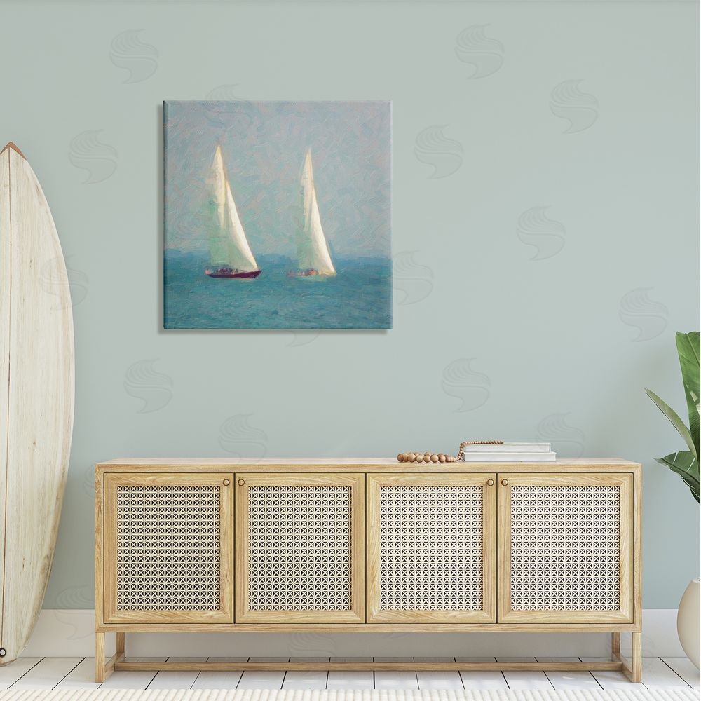 Graffitee Studios Two Sailboats Floating Foggy Ocean Weather Painting Canvas Wall Art in Room
