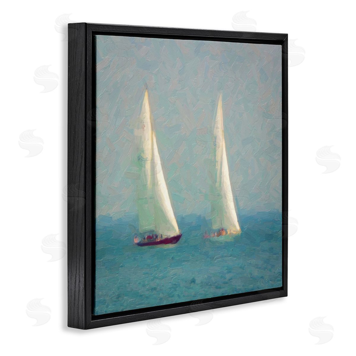 Graffitee Studios Two Sailboats Floating Foggy Ocean Weather Painting Black Floating Frame Canvas Wall Art Print