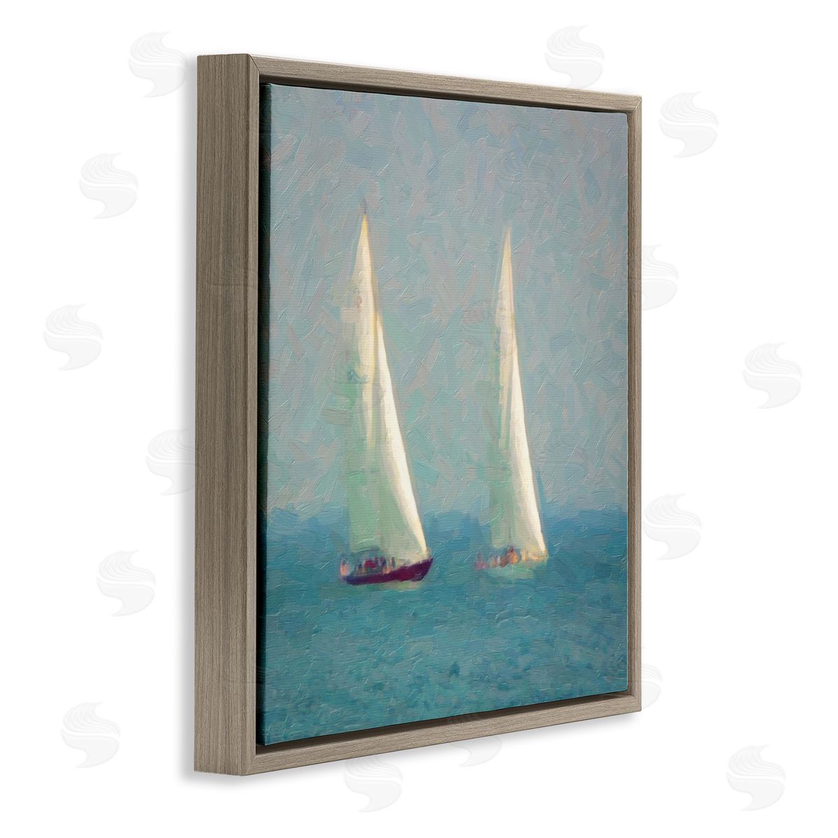 Graffitee Studios Two Sailboats Floating Foggy Ocean Weather Painting Brown Floating Frame Canvas Wall Art Print
