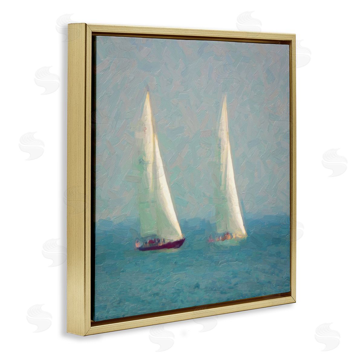 Graffitee Studios Two Sailboats Floating Foggy Ocean Weather Painting Gold Floating Frame Canvas Wall Art Print