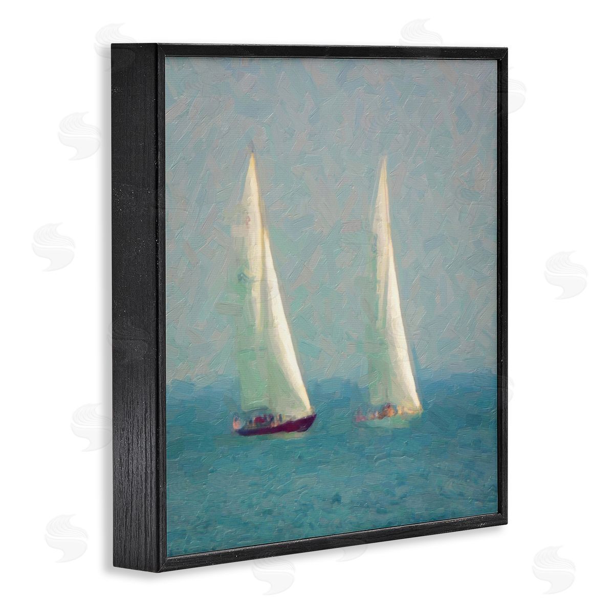 Graffitee Studios Two Sailboats Floating Foggy Ocean Weather Painting Black Framed Glicee Wall Art Print