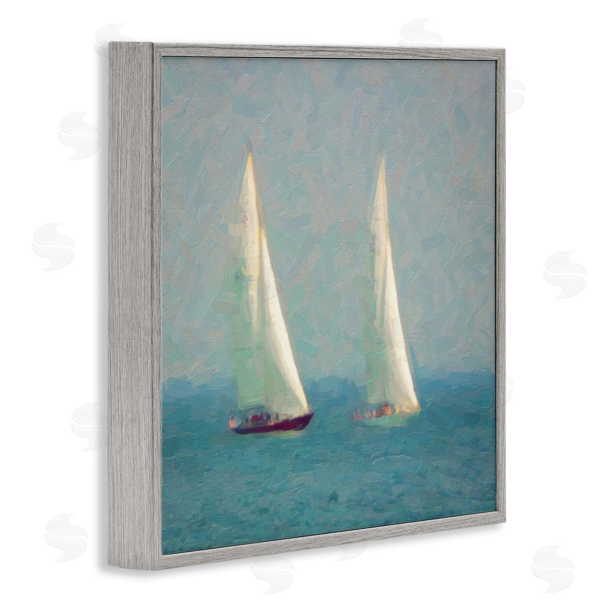 Graffitee Studios Two Sailboats Floating Foggy Ocean Weather Painting Gray Framed Glicee Wall Art Print