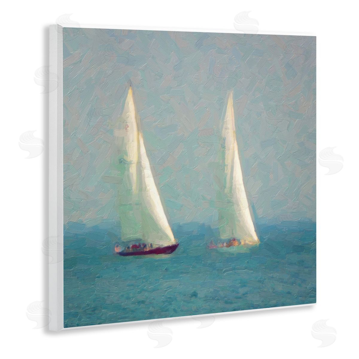Graffitee Studios Two Sailboats Floating Foggy Ocean Weather Painting Wooden Wall Plaque Art Print