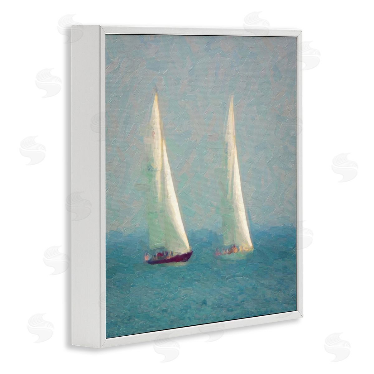 Graffitee Studios Two Sailboats Floating Foggy Ocean Weather Painting White Framed Glicee Wall Art Print