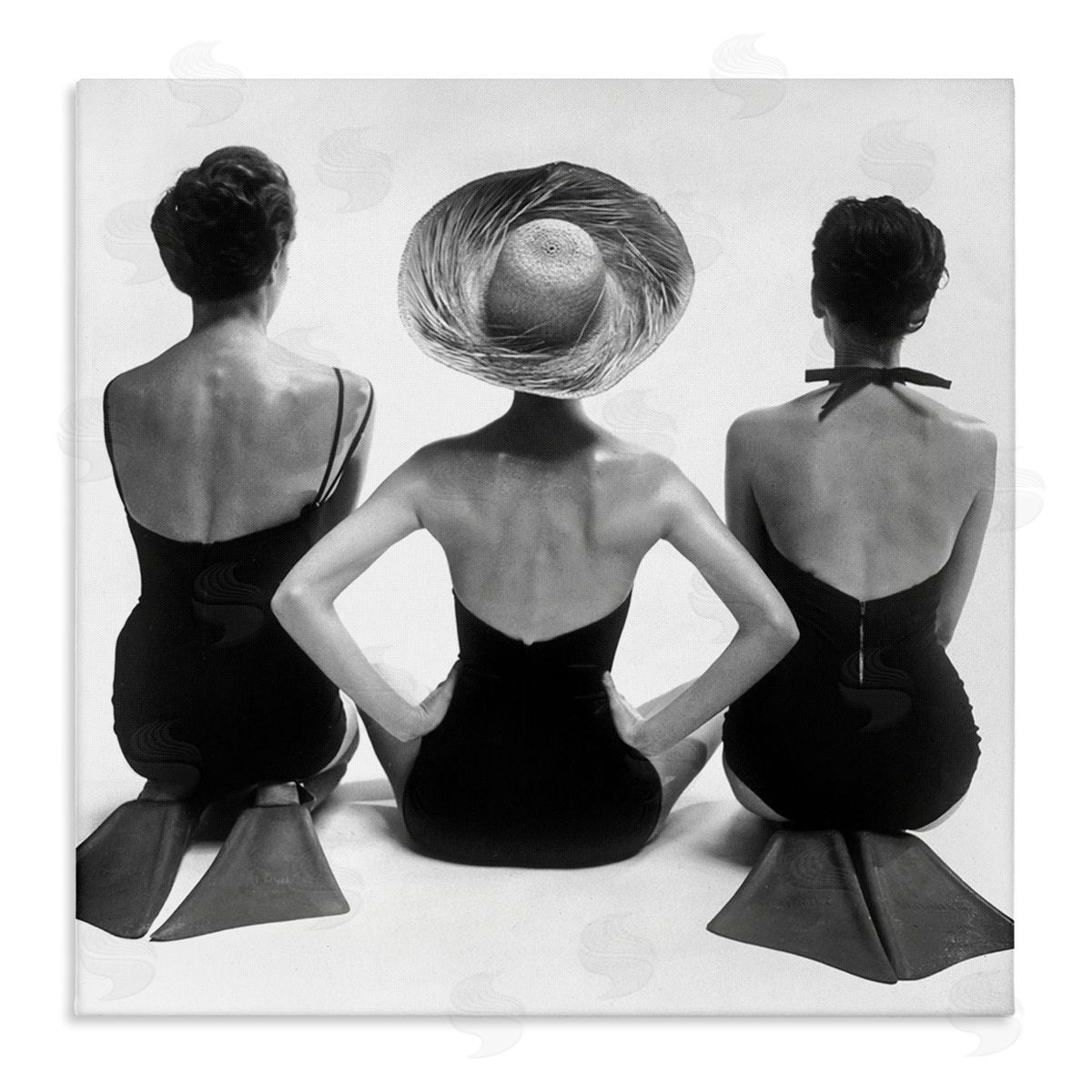 Graffitee Studios Women Sitting Beach Monochrome Vintage Swimsuits Flippers  Stretched Canvas Wall Art Print