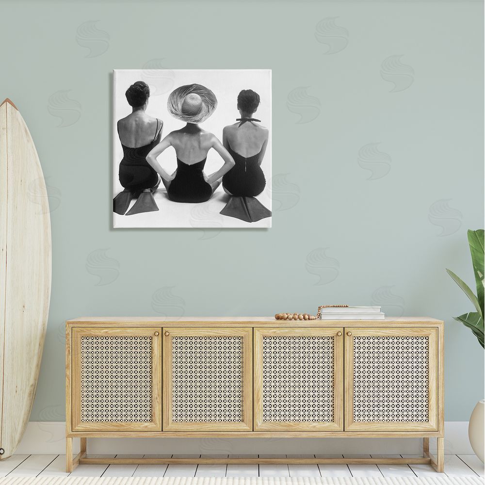 Graffitee Studios Women Sitting Beach Monochrome Vintage Swimsuits Flippers  Canvas Wall Art in Room