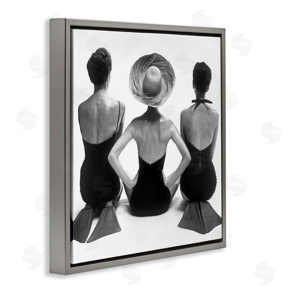 Graffitee Studios Women Sitting Beach Monochrome Vintage Swimsuits Flippers  Gray Floating Frame Canvas Wall Art Print