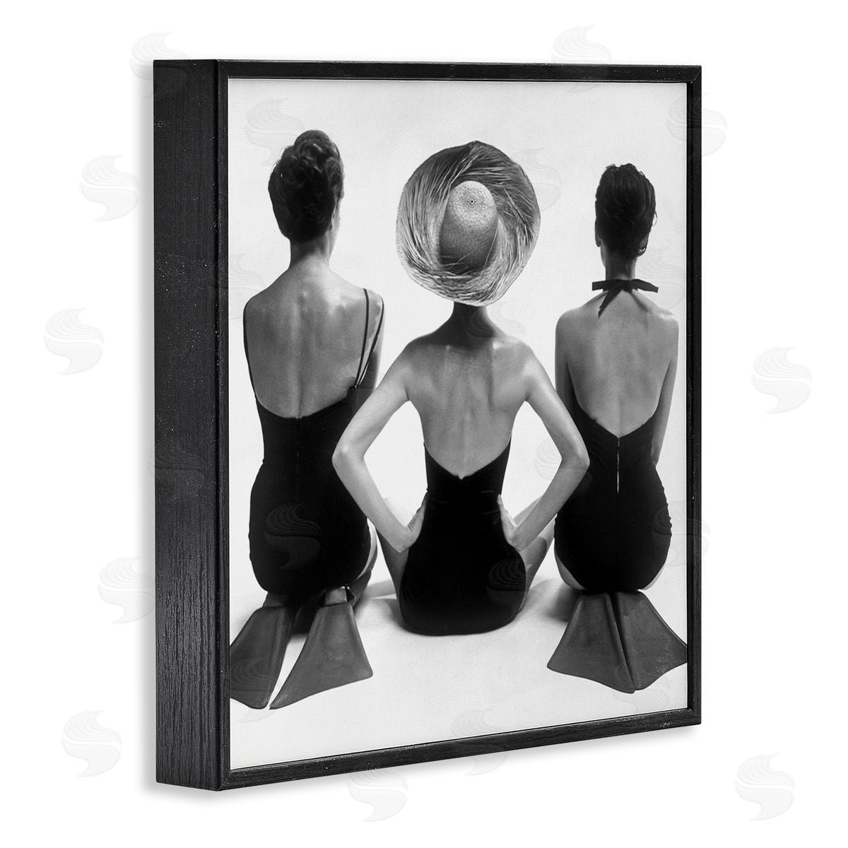 Graffitee Studios Women Sitting Beach Monochrome Vintage Swimsuits Flippers  Black Framed Glicee Wall Art Print