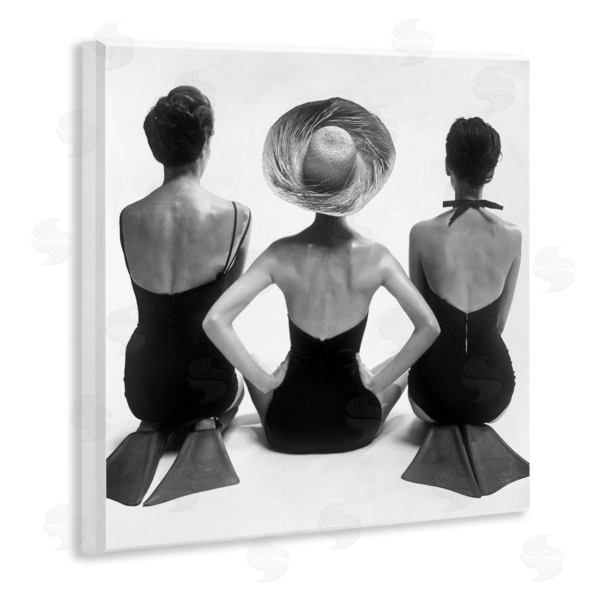 Graffitee Studios Women Sitting Beach Monochrome Vintage Swimsuits Flippers  Wooden Wall Plaque Art Print