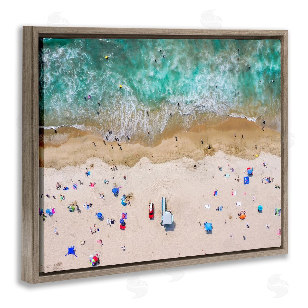 Aerial View Busy Summer Beach Brown Floating Frame Canvas Wall Art, Home Decor by Jeff Poe Photography