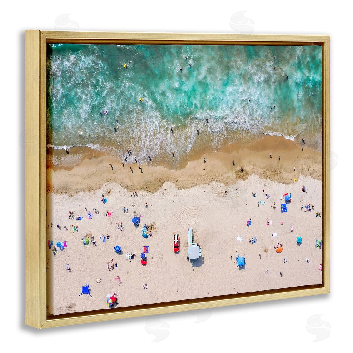 Aerial View Busy Summer Beach Gold Floating Frame Canvas Wall Art, Home Decor by Jeff Poe Photography