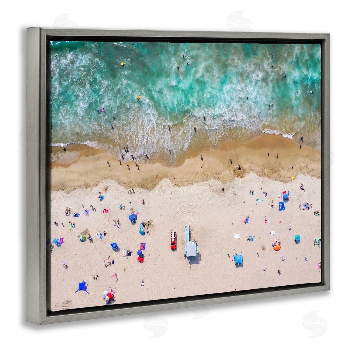 Aerial View Busy Summer Beach Grey Floating Frame Canvas Wall Art, Home Decor by Jeff Poe Photography