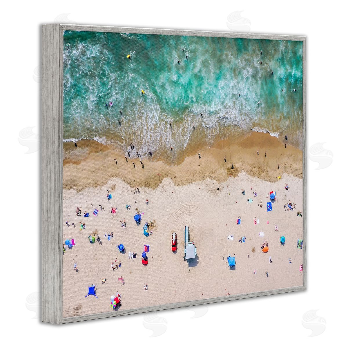 Aerial View Busy Summer Beach Grey Frame Print Wall Art, Home Decor by Jeff Poe Photography
