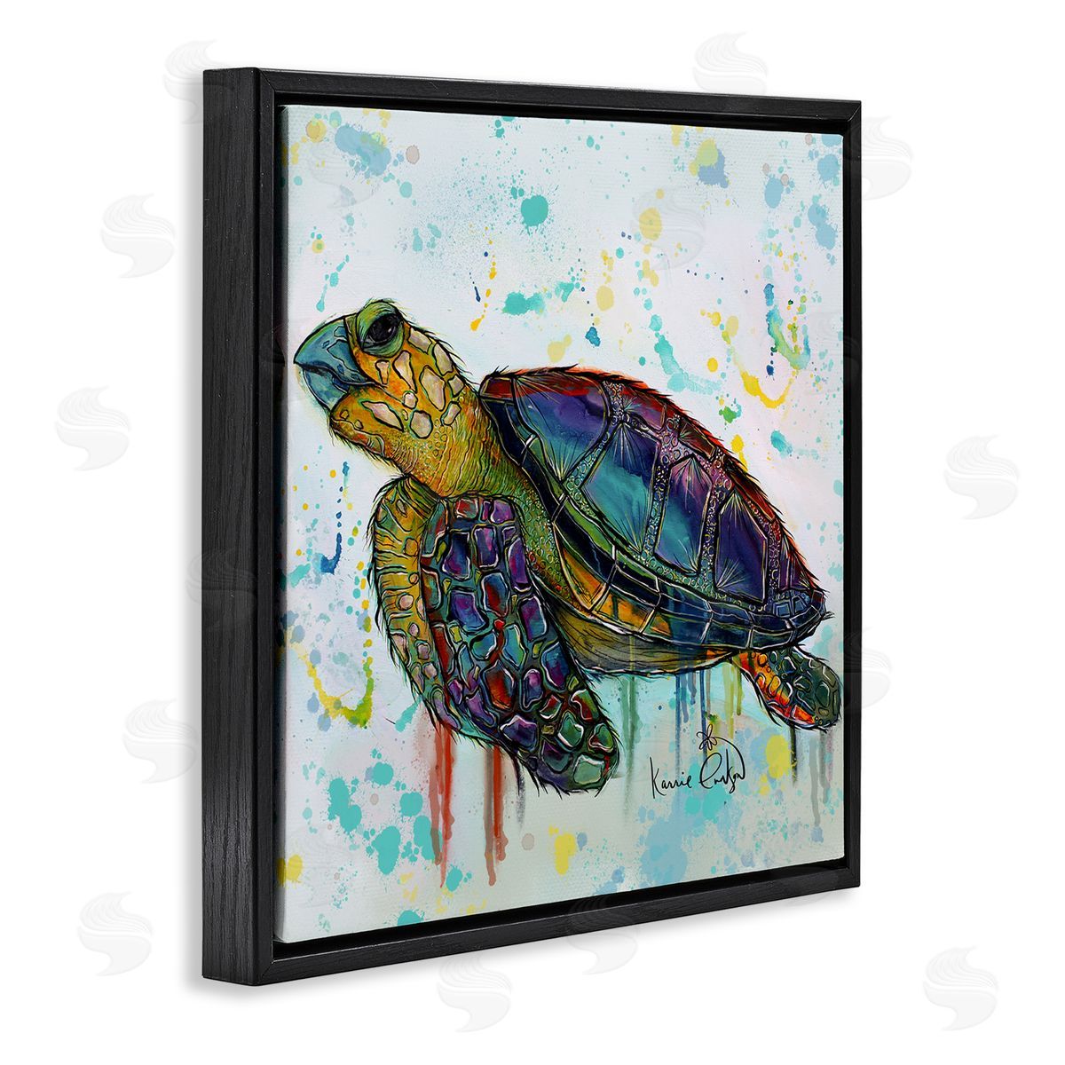 Karrie Evenson Urban Street Style Sea Turtle Paint Drip  Black Floating Frame Canvas Wall Art Print