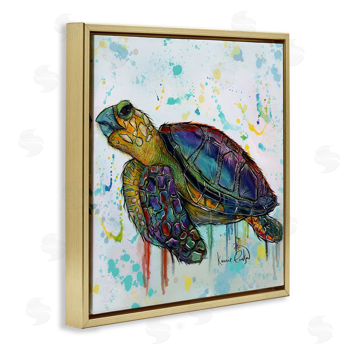 Karrie Evenson Urban Street Style Sea Turtle Paint Drip  Gold Floating Frame Canvas Wall Art Print