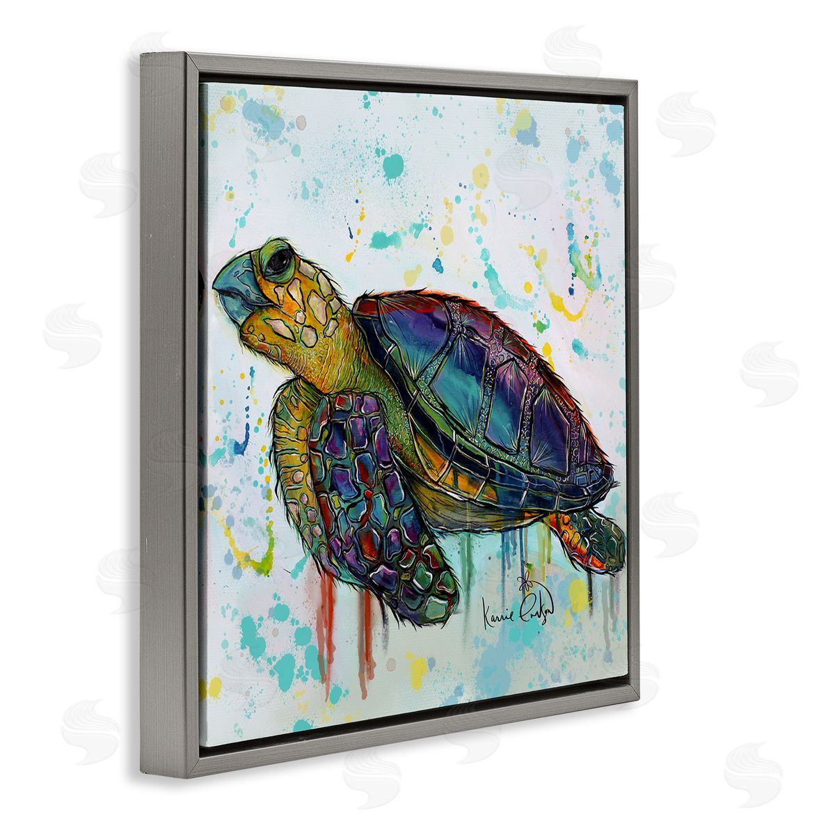 Karrie Evenson Urban Street Style Sea Turtle Paint Drip  Gray Floating Frame Canvas Wall Art Print