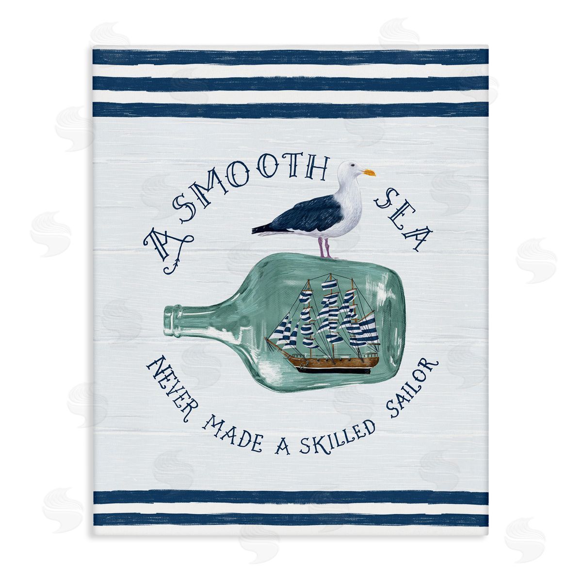 Raquel Maciel Ship In Bottle Seagull Striped Nautical Phrase  Stretched Canvas Wall Art Print