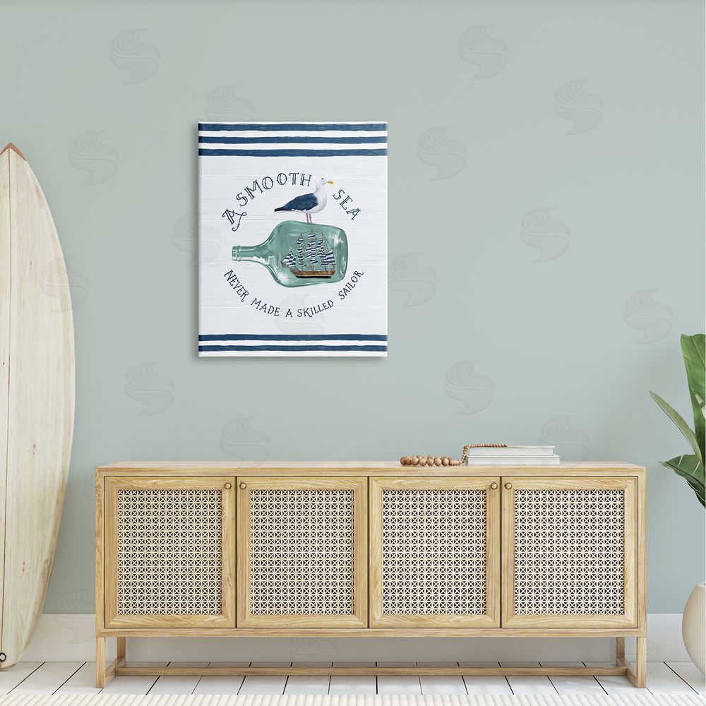 Raquel Maciel Ship In Bottle Seagull Striped Nautical Phrase  Canvas Wall Art Print in Room