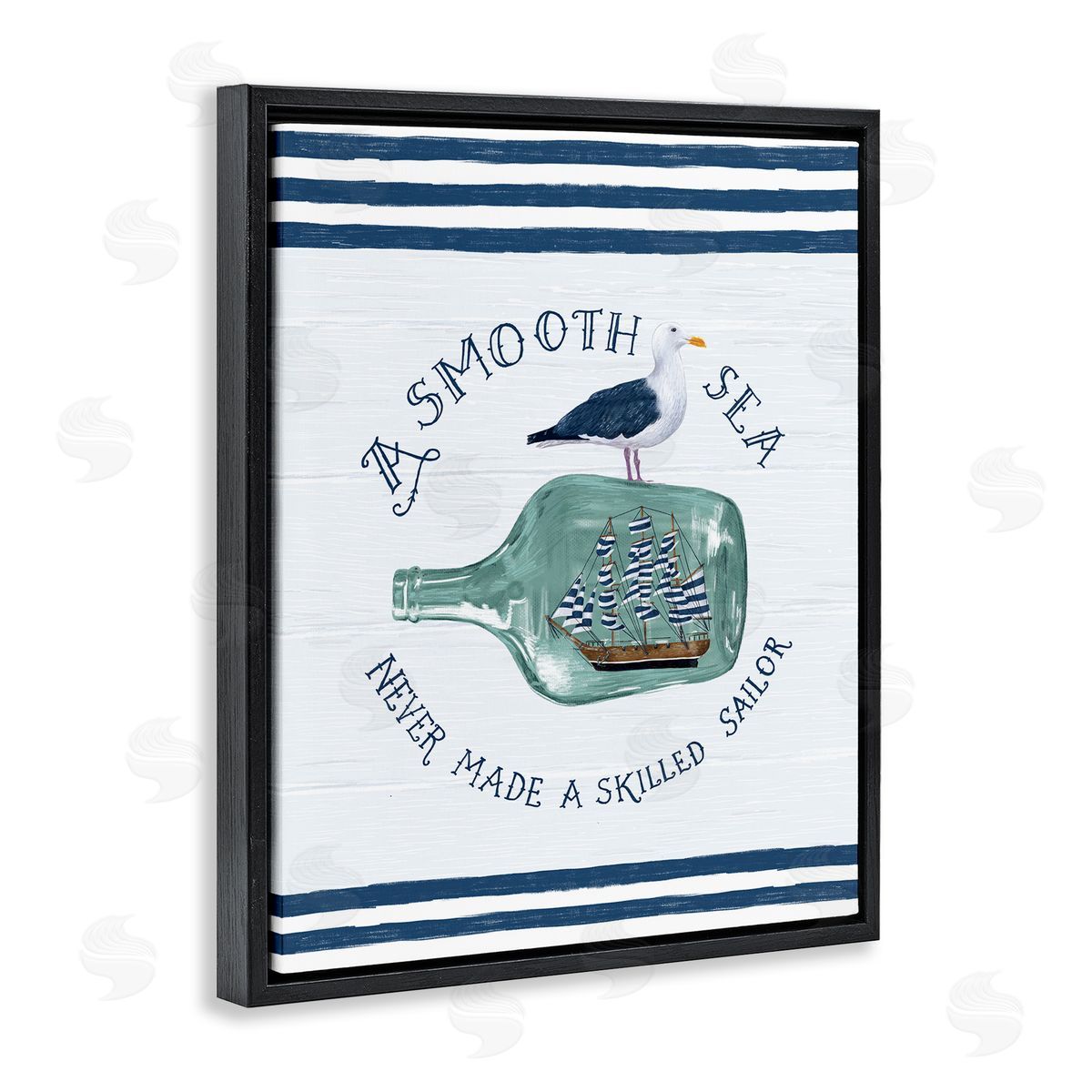 Raquel Maciel Ship In Bottle Seagull Striped Nautical Phrase  Black Floating Frame Canvas Wall Art Print